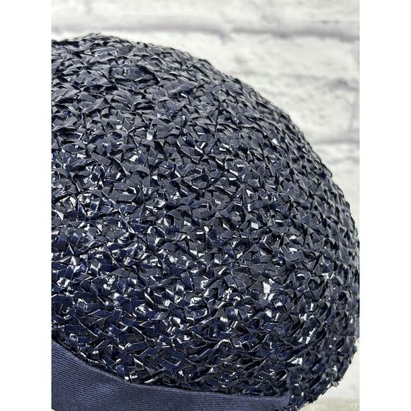 Vintage Trebor 1950s Lacquered Raffia Woven Hat Turban Bubble Navy Blue With Box main image 8